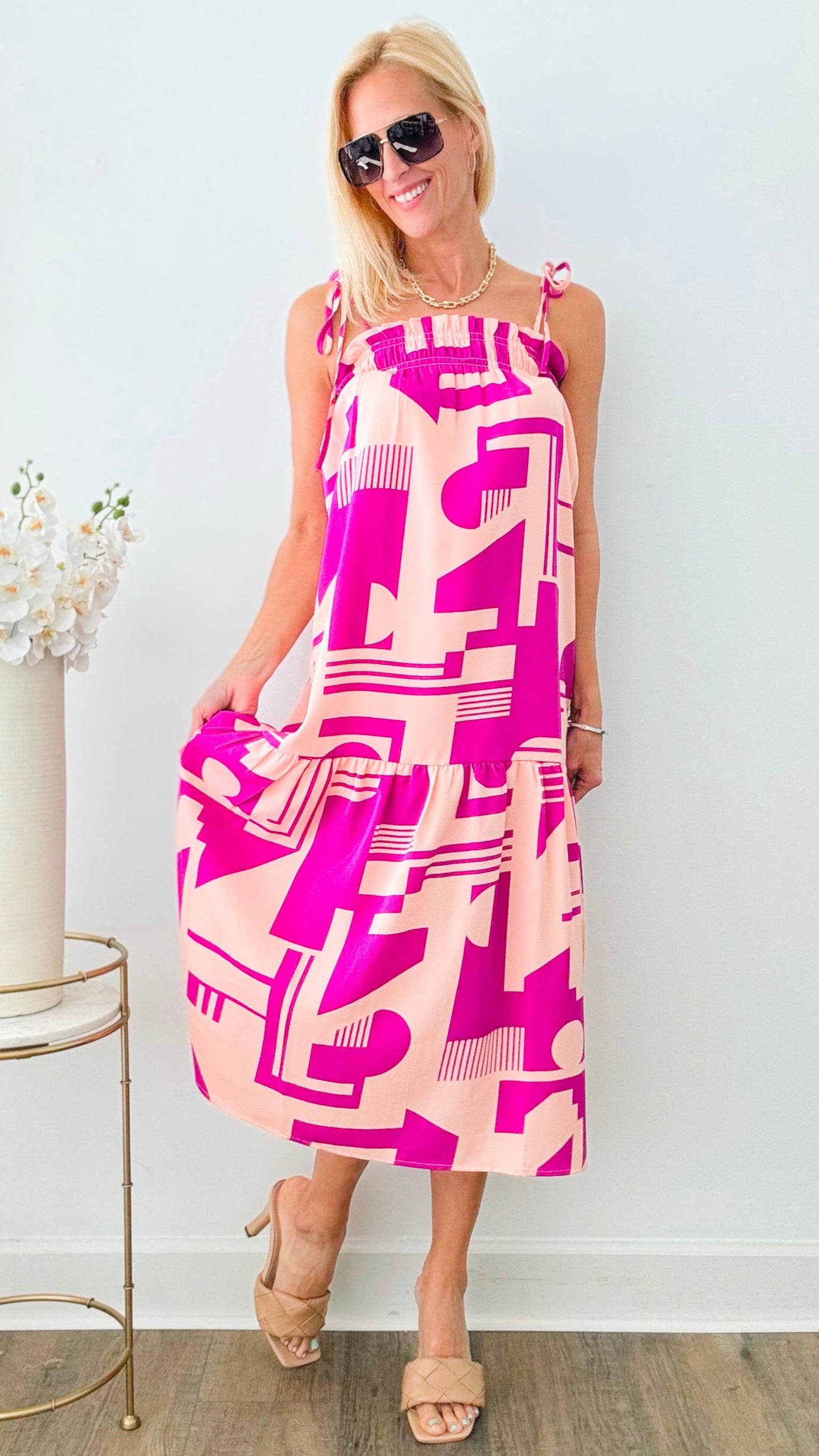 Abstract Pattern Tie Strap Midi Dress-200 Dresses/Jumpsuits/Rompers-THML-Coastal Bloom Boutique, find the trendiest versions of the popular styles and looks Located in Indialantic, FL