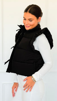 Ruffle & Ready Bow Puffer Vest - Black-vest-Jodifl-Coastal Bloom Boutique, find the trendiest versions of the popular styles and looks Located in Indialantic, FL