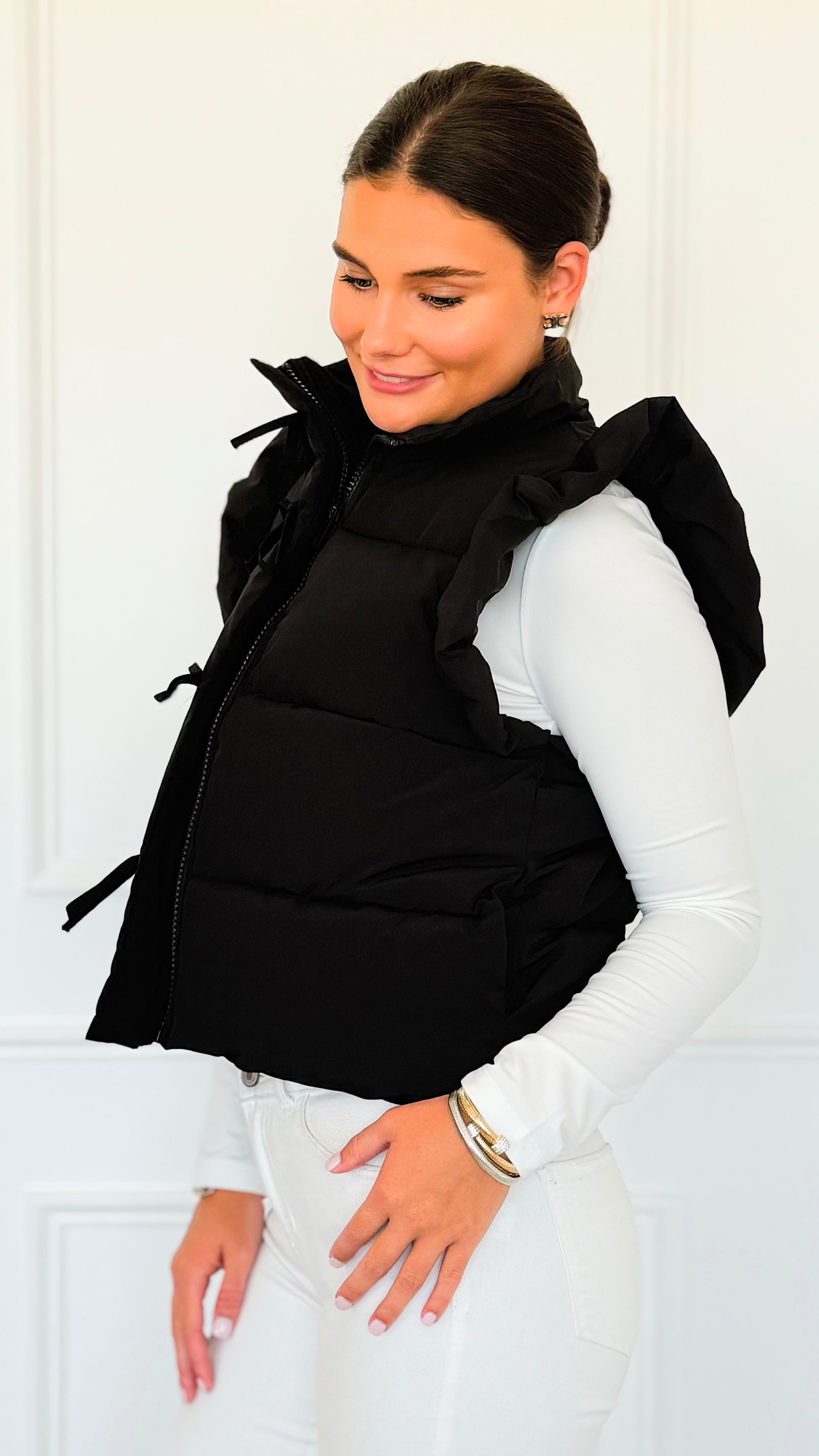 Ruffle & Ready Bow Puffer Vest - Black-vest-Jodifl-Coastal Bloom Boutique, find the trendiest versions of the popular styles and looks Located in Indialantic, FL