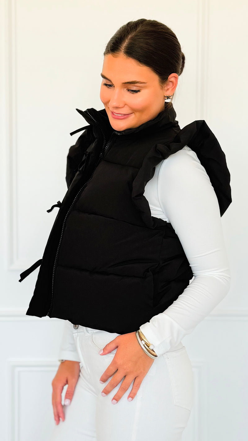 Ruffle & Ready Bow Puffer Vest - Black-vest-Jodifl-Coastal Bloom Boutique, find the trendiest versions of the popular styles and looks Located in Indialantic, FL