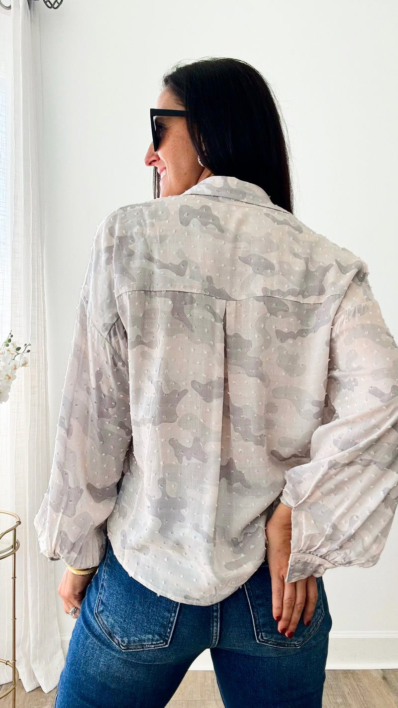 Swiss Dot Camo Blouse-130 Long Sleeve Tops-Rousseau-Coastal Bloom Boutique, find the trendiest versions of the popular styles and looks Located in Indialantic, FL