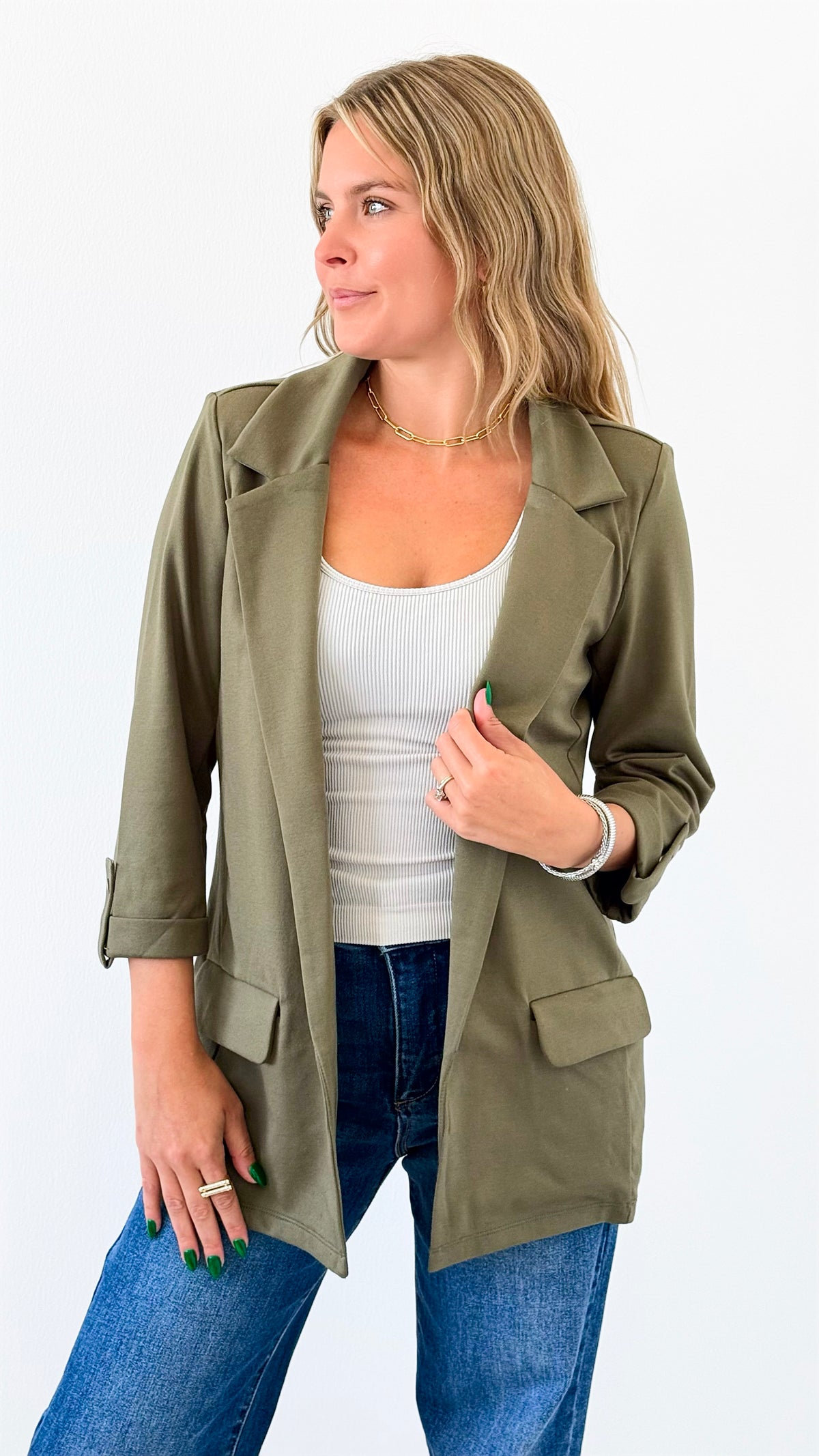 Tailored Open Front Blazer - Sage-160 Jackets-26 INTERNATIONAL-Coastal Bloom Boutique, find the trendiest versions of the popular styles and looks Located in Indialantic, FL