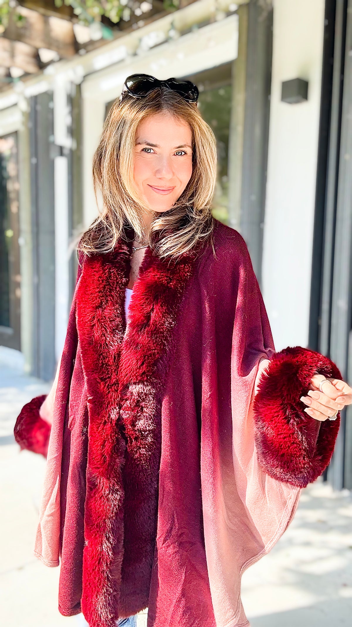 Glass of Wine Faux Fur Trim Ombre Cape-150 Cardigans/Layers-On Blue-Coastal Bloom Boutique, find the trendiest versions of the popular styles and looks Located in Indialantic, FL