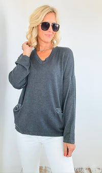 Sequin Back Detail Pocketed Italian Sweatshirt-130 Long Sleeve Tops-Tempo-Coastal Bloom Boutique, find the trendiest versions of the popular styles and looks Located in Indialantic, FL