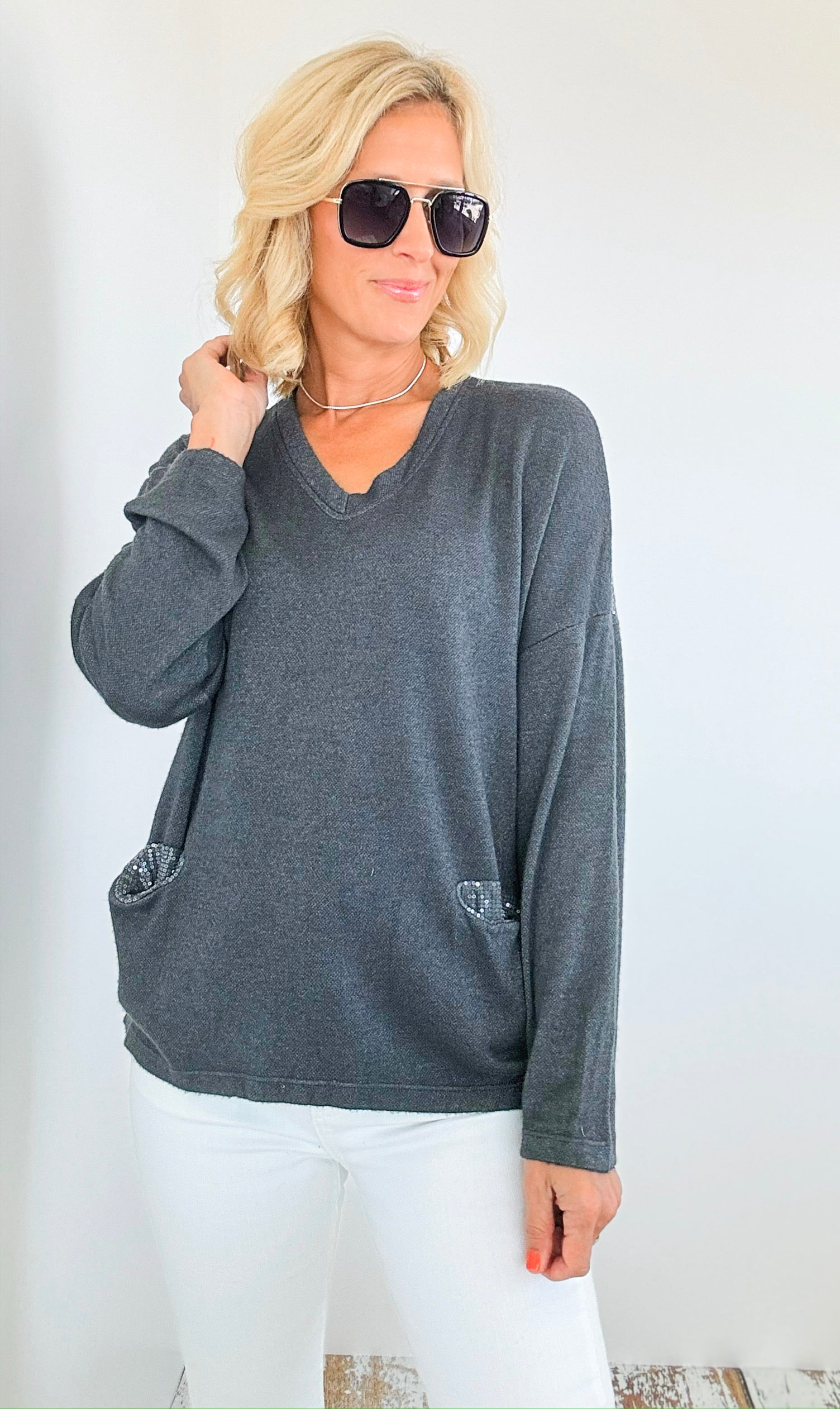 Sequin Back Detail Pocketed Italian Sweatshirt-130 Long Sleeve Tops-Tempo-Coastal Bloom Boutique, find the trendiest versions of the popular styles and looks Located in Indialantic, FL