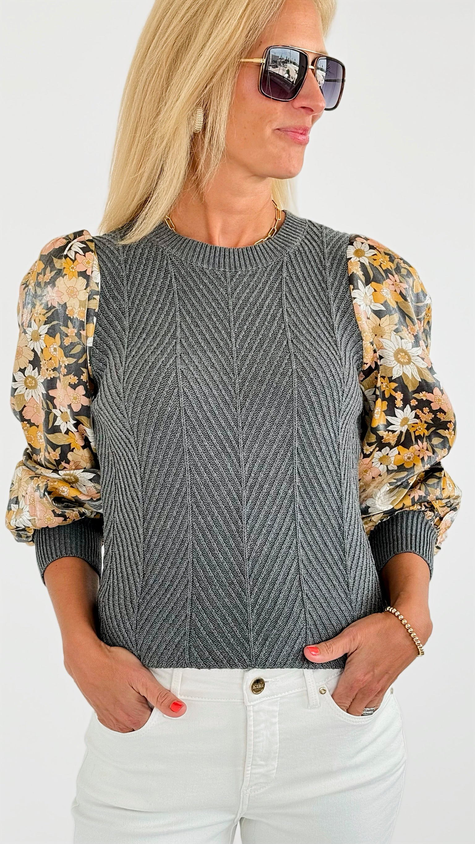 Floral Print Puff Sleeves Knit Sweater-140 Sweaters-Fate Inc-Coastal Bloom Boutique, find the trendiest versions of the popular styles and looks Located in Indialantic, FL