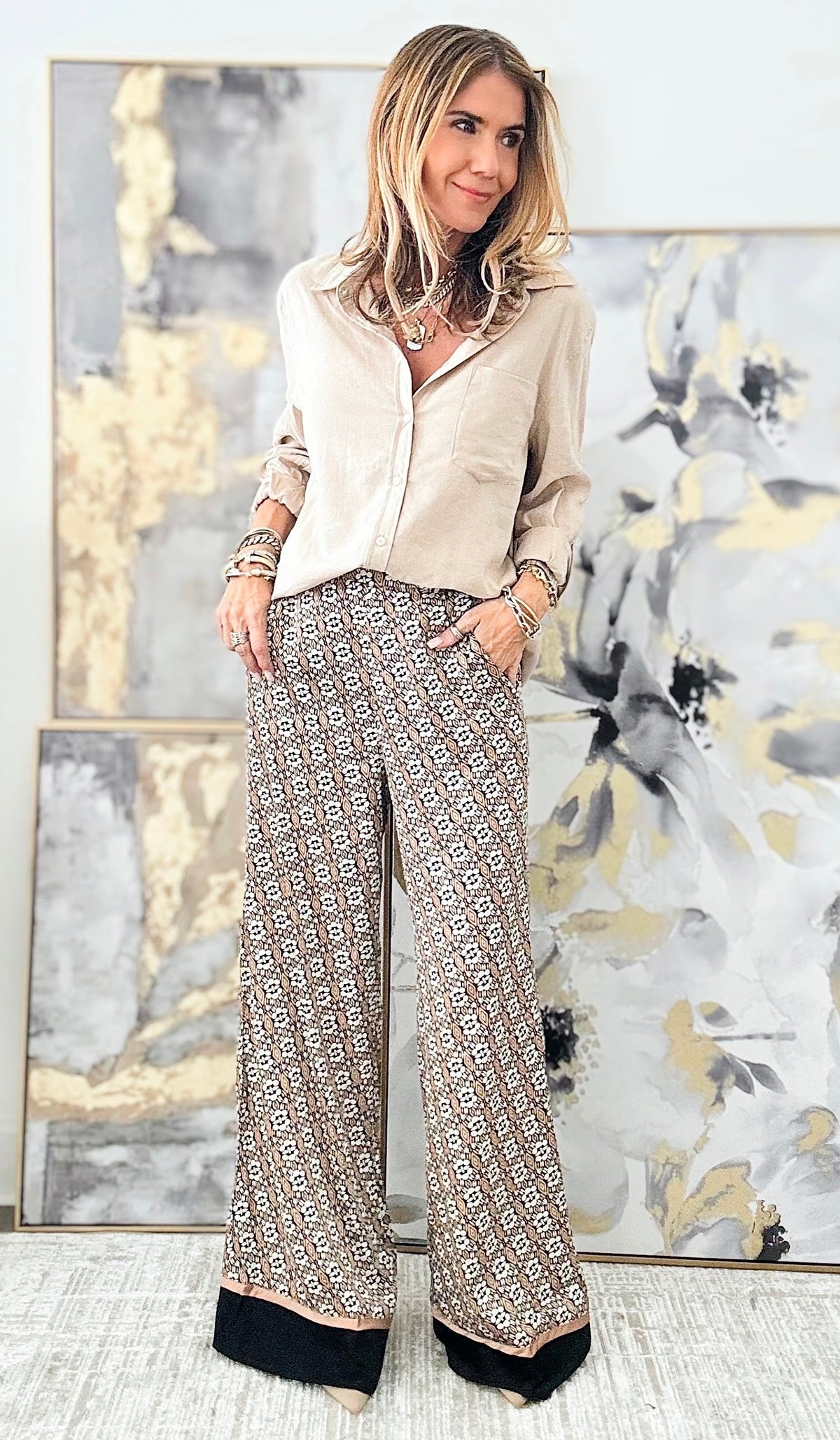 Printed Flare Pants - Brown-170 Bottoms-EESOME-Coastal Bloom Boutique, find the trendiest versions of the popular styles and looks Located in Indialantic, FL