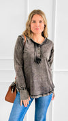 Sunday Stroll Mineral Wash Henley Top - Ash Black-110 Long Sleeve Tops-Zenana-Coastal Bloom Boutique, find the trendiest versions of the popular styles and looks Located in Indialantic, FL