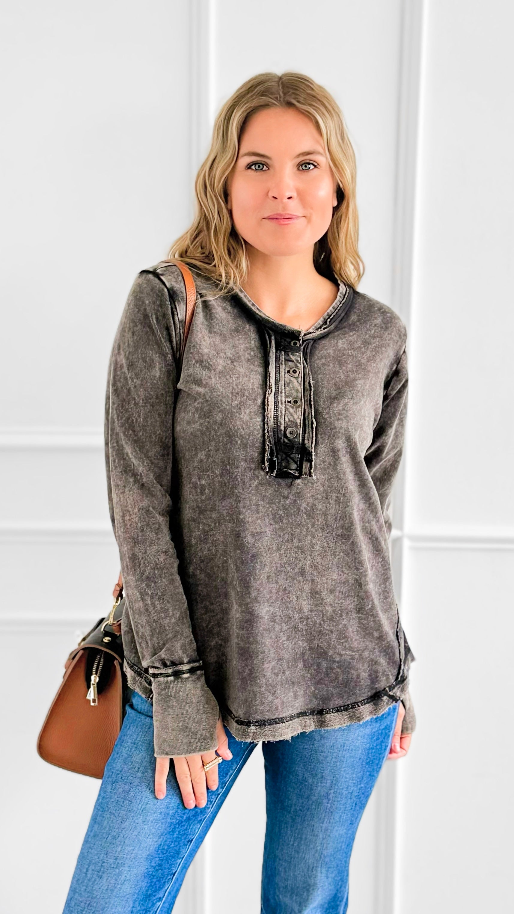Sunday Stroll Mineral Wash Henley Top - Ash Black-110 Long Sleeve Tops-Zenana-Coastal Bloom Boutique, find the trendiest versions of the popular styles and looks Located in Indialantic, FL