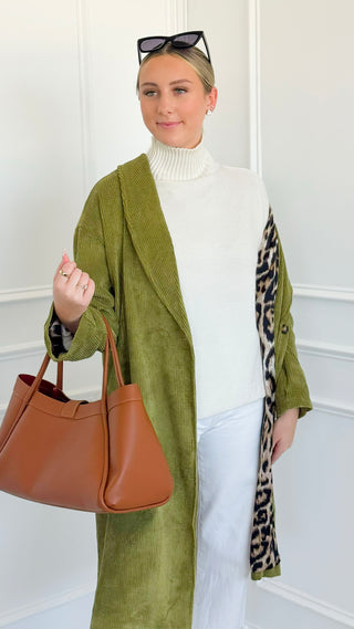 Leopard Lined Italian Long Blazer- Moss
