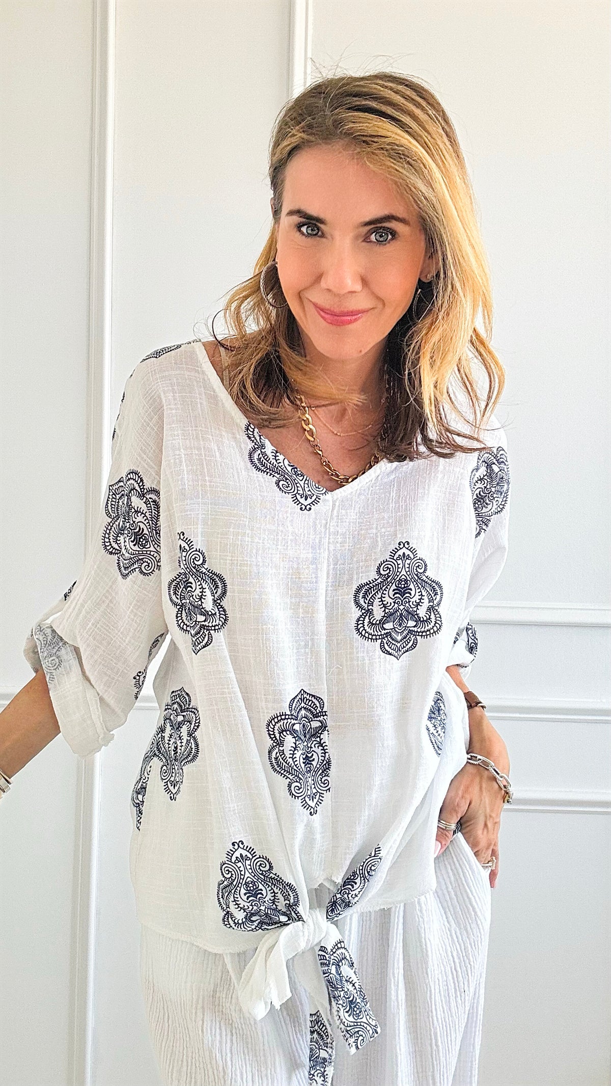 Moroccan Tile Linen Italian Top - White-110 Short Sleeve Tops-Italianissimo-Coastal Bloom Boutique, find the trendiest versions of the popular styles and looks Located in Indialantic, FL