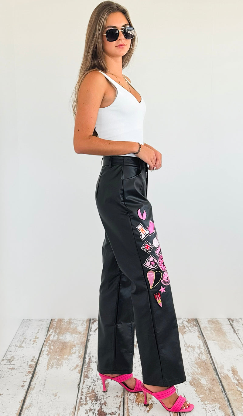 Patch Vegan Leather Pants-170 Bottoms-Hot & Delicious-Coastal Bloom Boutique, find the trendiest versions of the popular styles and looks Located in Indialantic, FL