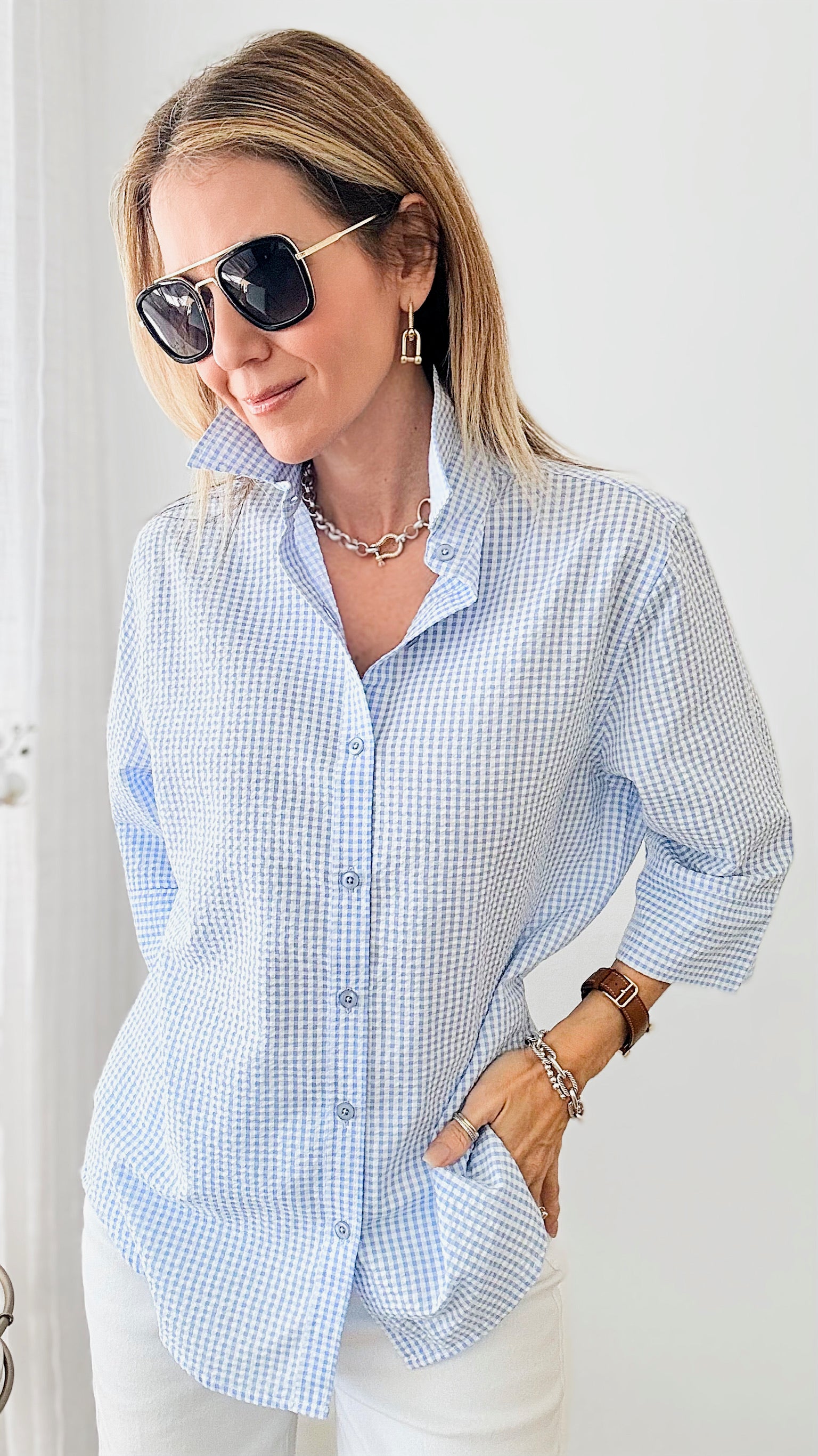 Relaxed Gingham Seersucker 3/4 Sleeve Blouse-130 Long Sleeve Tops-Grenouille-Coastal Bloom Boutique, find the trendiest versions of the popular styles and looks Located in Indialantic, FL