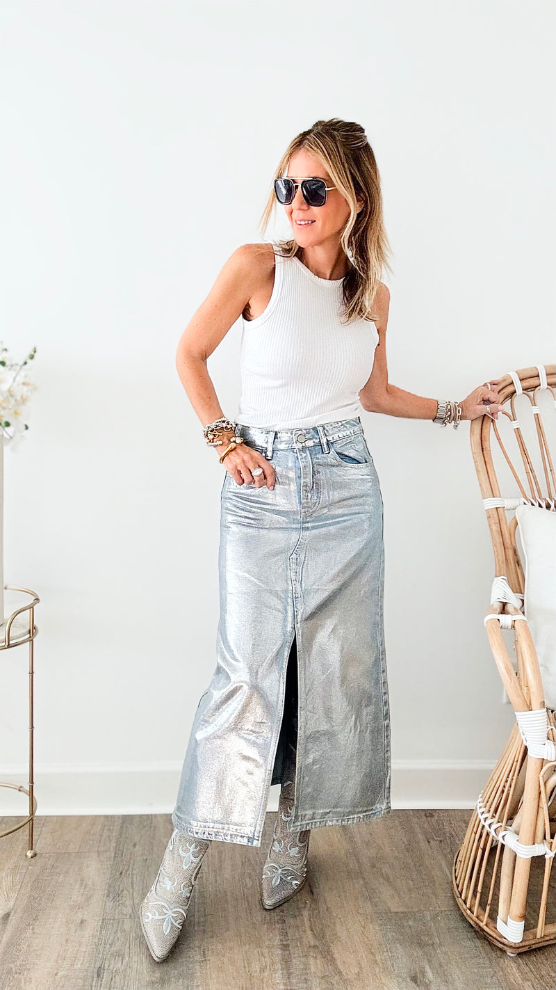 Metallic Denim Skirt - Blue/Silver-170 Bottoms-MISS LOVE-Coastal Bloom Boutique, find the trendiest versions of the popular styles and looks Located in Indialantic, FL