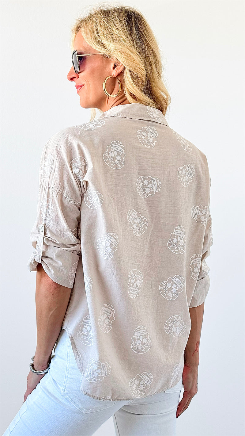 Skull Print Button-Up Blouse-110 Short Sleeve Tops-VENTI6 OUTLET-Coastal Bloom Boutique, find the trendiest versions of the popular styles and looks Located in Indialantic, FL