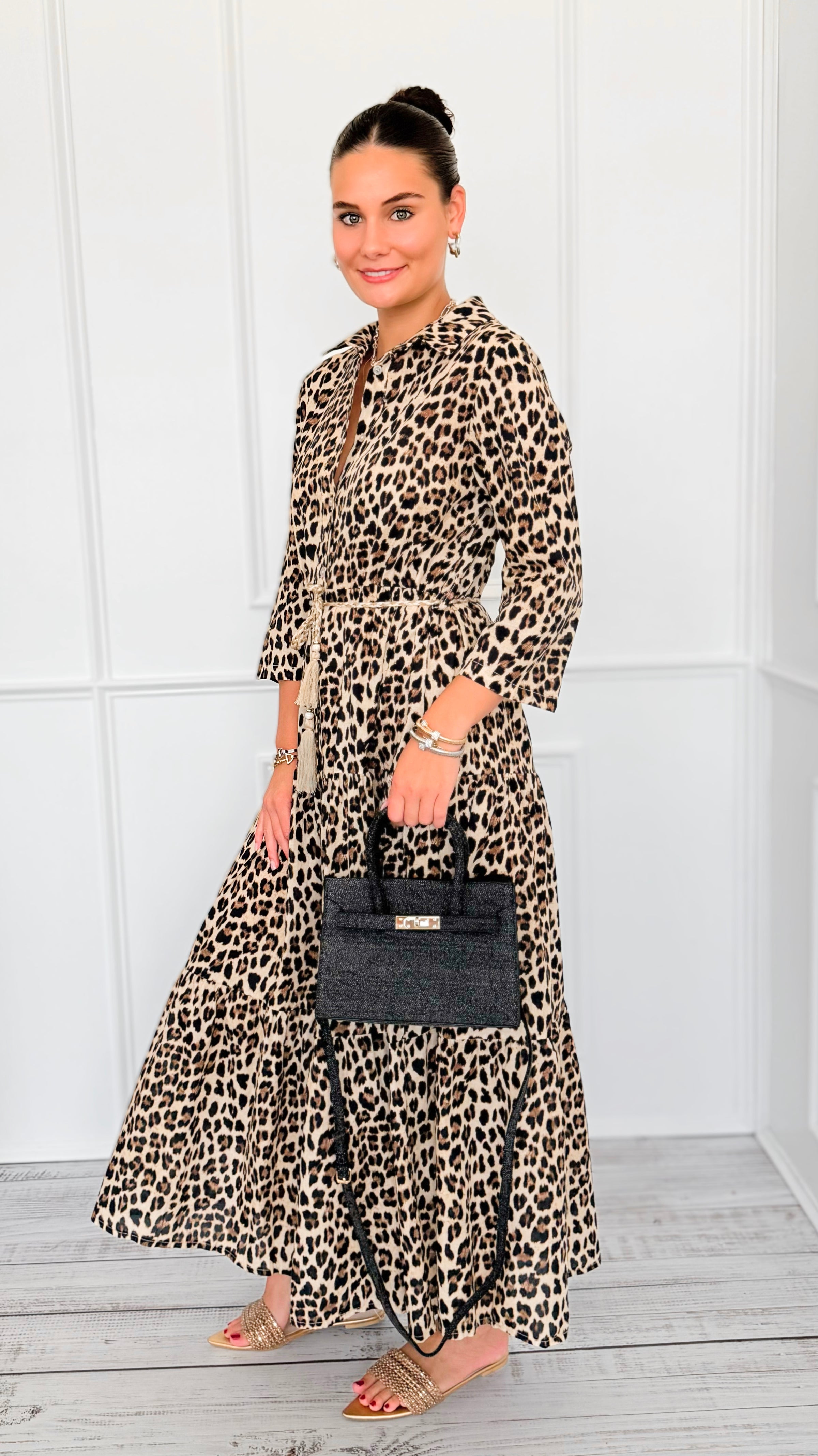 Leopard Paws Button Italian Long Dress-200 Dresses/Jumpsuits/Rompers-FH GROUP-Coastal Bloom Boutique, find the trendiest versions of the popular styles and looks Located in Indialantic, FL