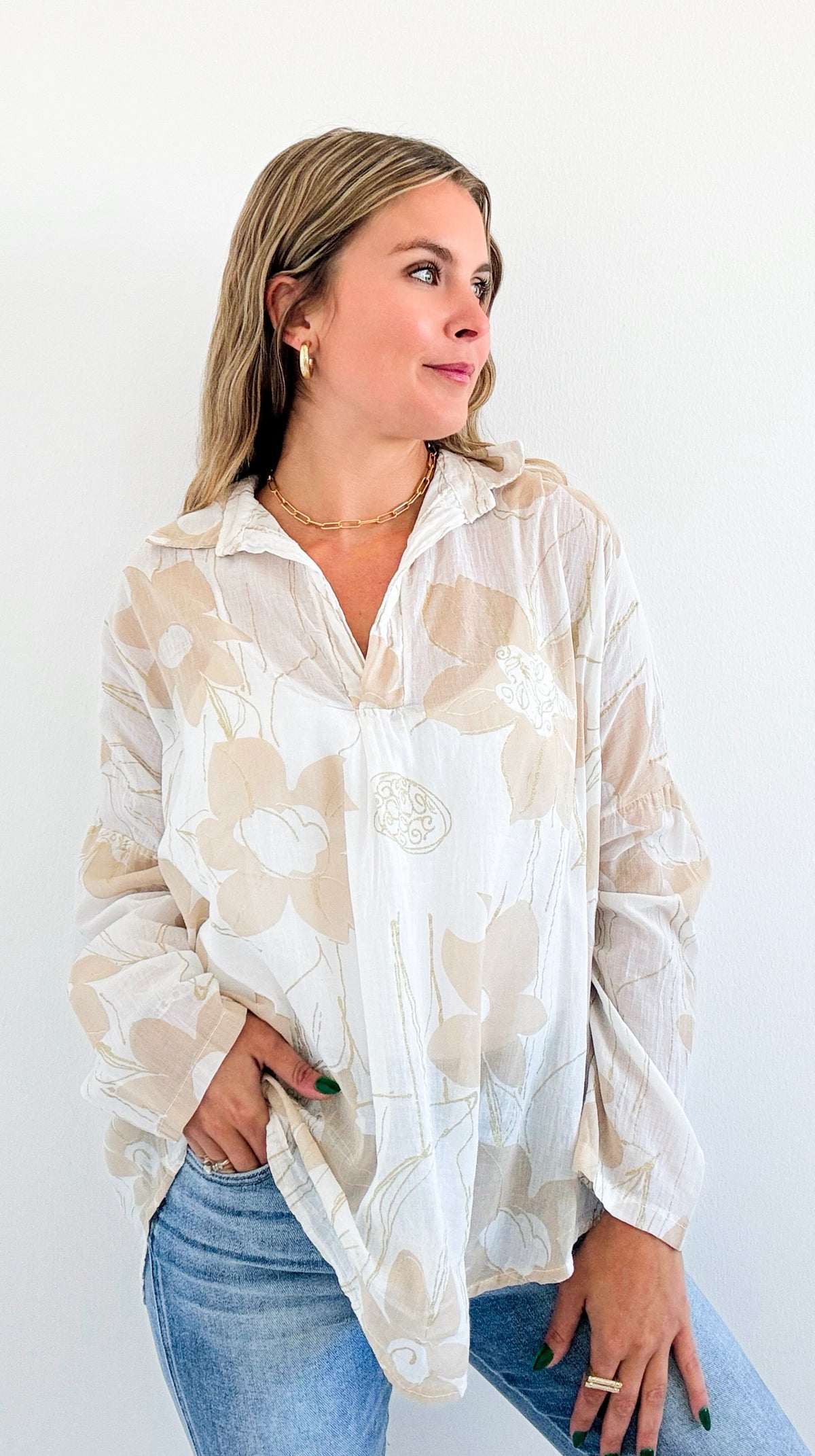 Botanical Breeze Collared Top-130 Long Sleeve Tops-V6-Coastal Bloom Boutique, find the trendiest versions of the popular styles and looks Located in Indialantic, FL