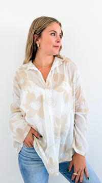 Botanical Breeze Collared Top-130 Long Sleeve Tops-V6-Coastal Bloom Boutique, find the trendiest versions of the popular styles and looks Located in Indialantic, FL