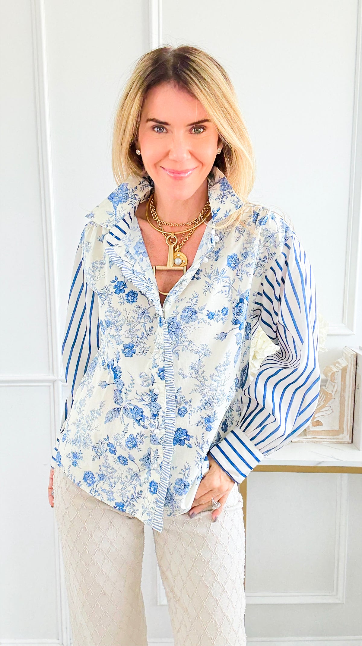 Garden Poise Mixed-Print Button Down Top-130 Long Sleeve Tops-JODIFL-Coastal Bloom Boutique, find the trendiest versions of the popular styles and looks Located in Indialantic, FL