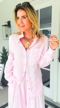 Tuscany Linen Italian Button Top- Light Pink