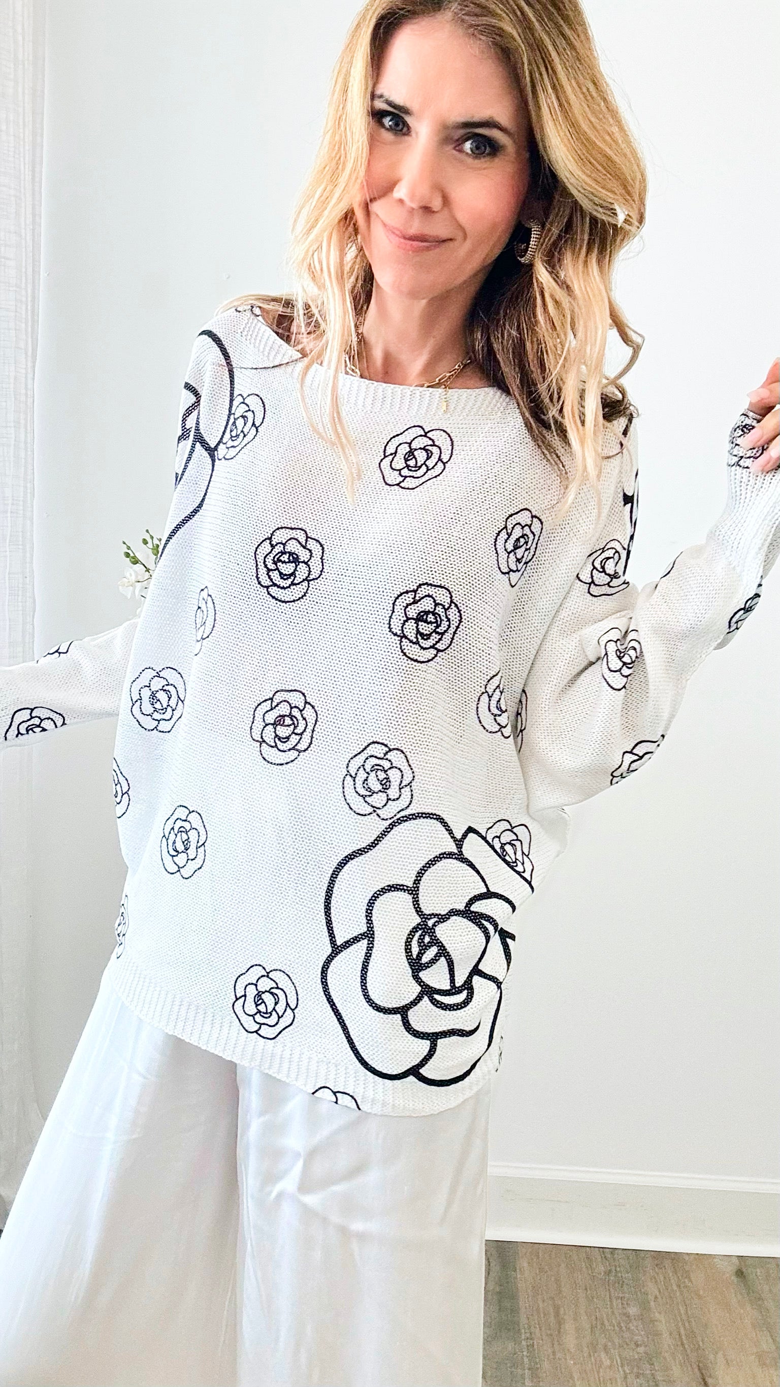 Classic Noir Petals Italian St Tropez Sweater - White-140 Sweaters-Italianissimo-Coastal Bloom Boutique, find the trendiest versions of the popular styles and looks Located in Indialantic, FL