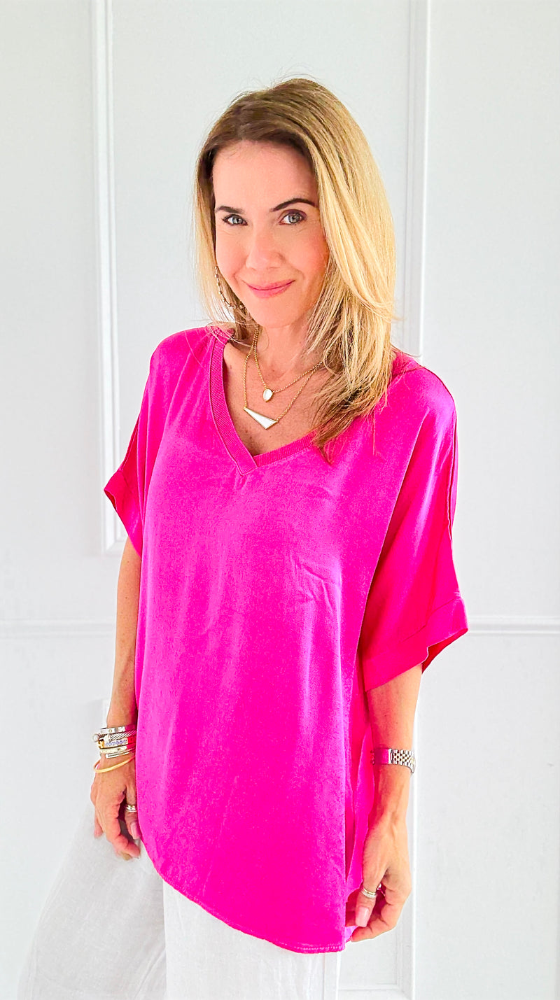Satin Luxe V-Neck Italian Top- Fucshia-110 short Sleeve Top-SEPTIMO-Coastal Bloom Boutique, find the trendiest versions of the popular styles and looks Located in Indialantic, FL