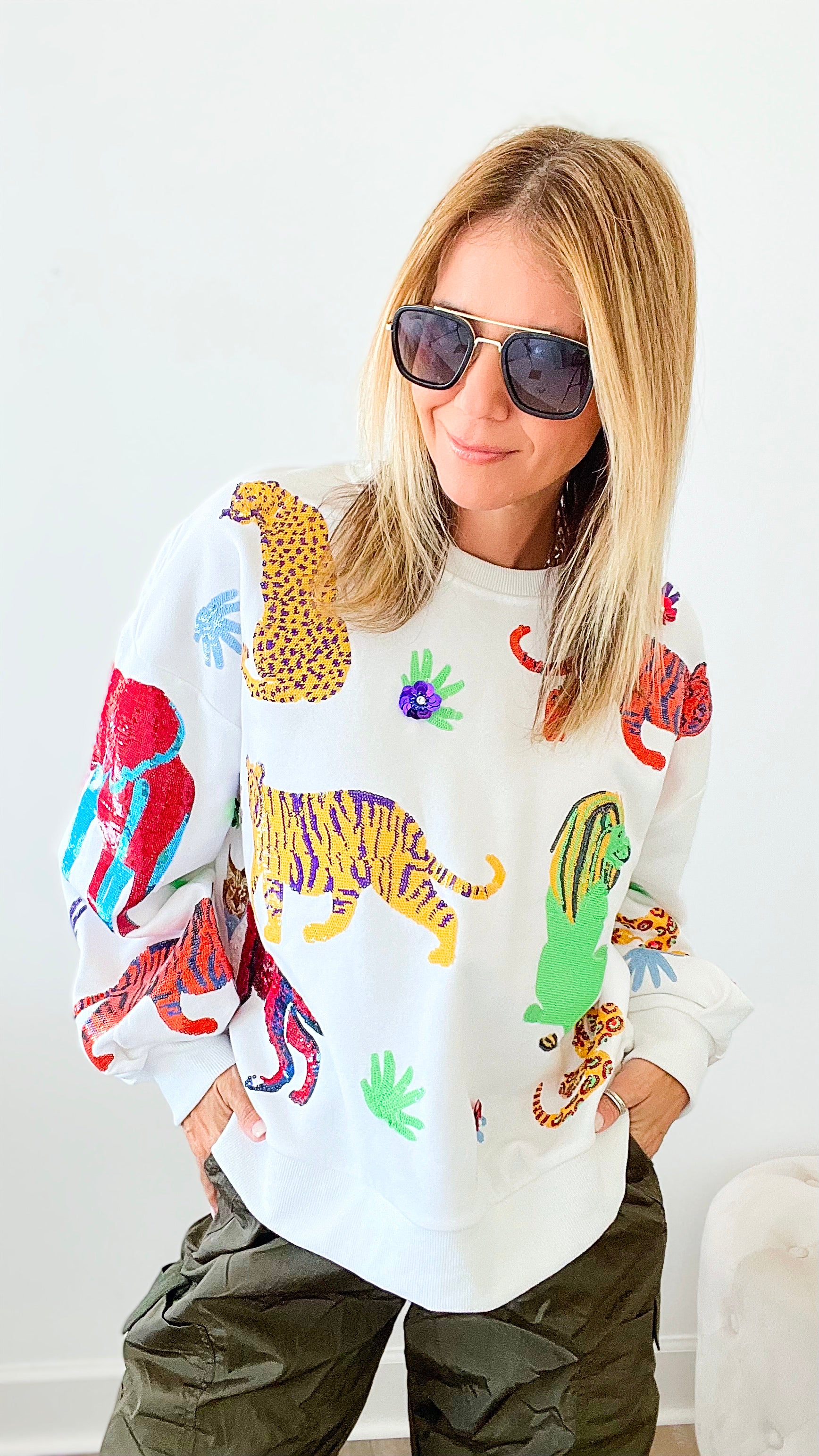 Walk About The Zoo Queen of Sparkles Sequin Sweatshirt - White-130 Long Sleeve Tops-Queen of Sparkles-Coastal Bloom Boutique, find the trendiest versions of the popular styles and looks Located in Indialantic, FL