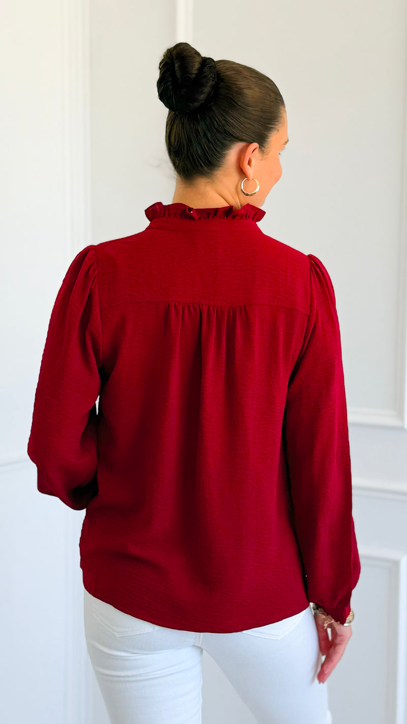 Victorian Muse Ruffle Top - Burgundy-130 Long Sleeve Tops-JODIFL-Coastal Bloom Boutique, find the trendiest versions of the popular styles and looks Located in Indialantic, FL