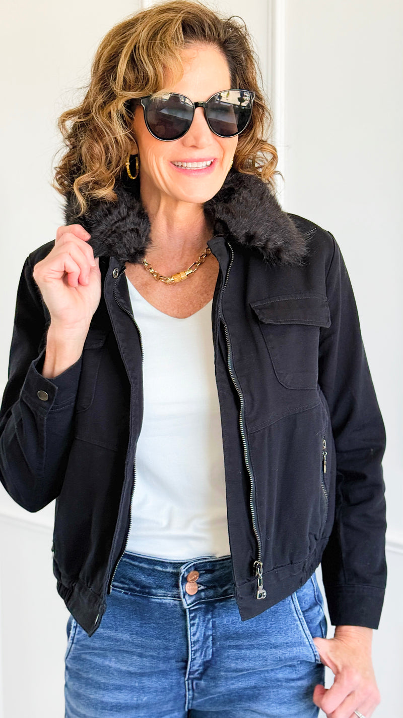 Cloud Dreams Faux Fur-Trim Jacket - Black Denim/Black-160 Jackets-IRIS-Coastal Bloom Boutique, find the trendiest versions of the popular styles and looks Located in Indialantic, FL