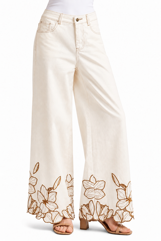 Floral Embroidered Scallop Hem Wide Leg Pants