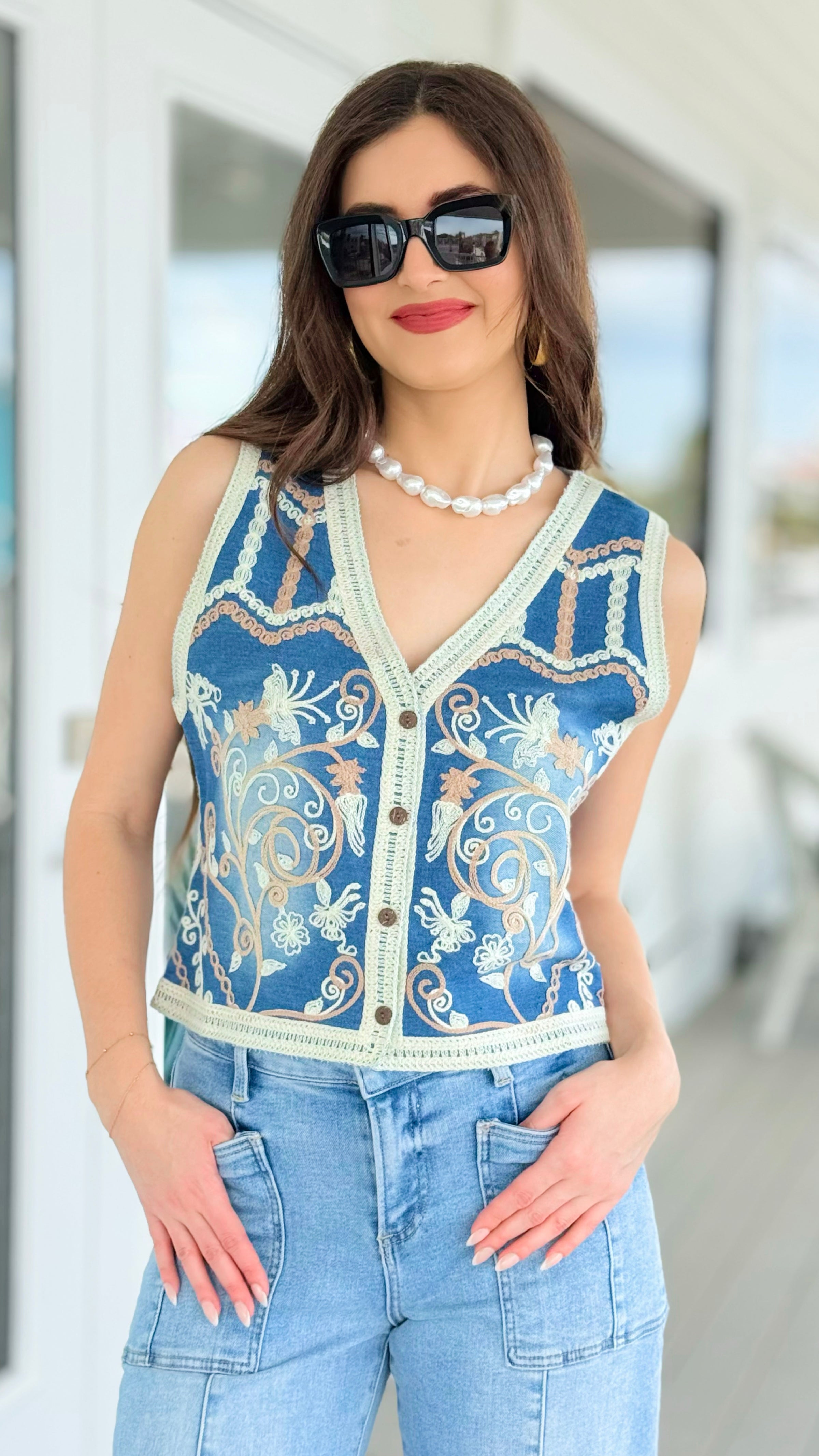 Sleeveless Embroidered Denim Button-Up