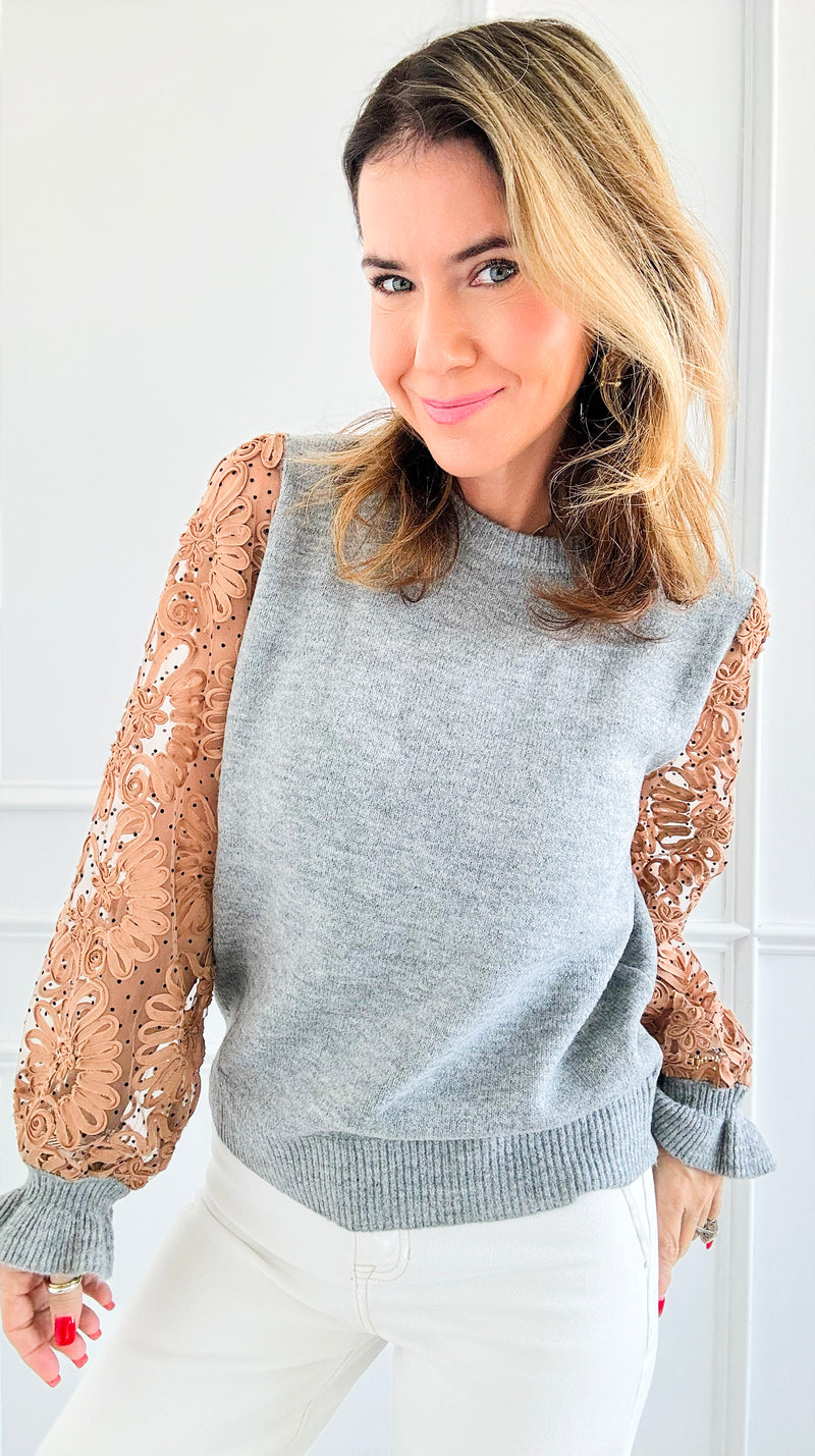 With Round Neck Lace Sleeves Knit Sweater-140 Sweaters-Rousseau-Coastal Bloom Boutique, find the trendiest versions of the popular styles and looks Located in Indialantic, FL