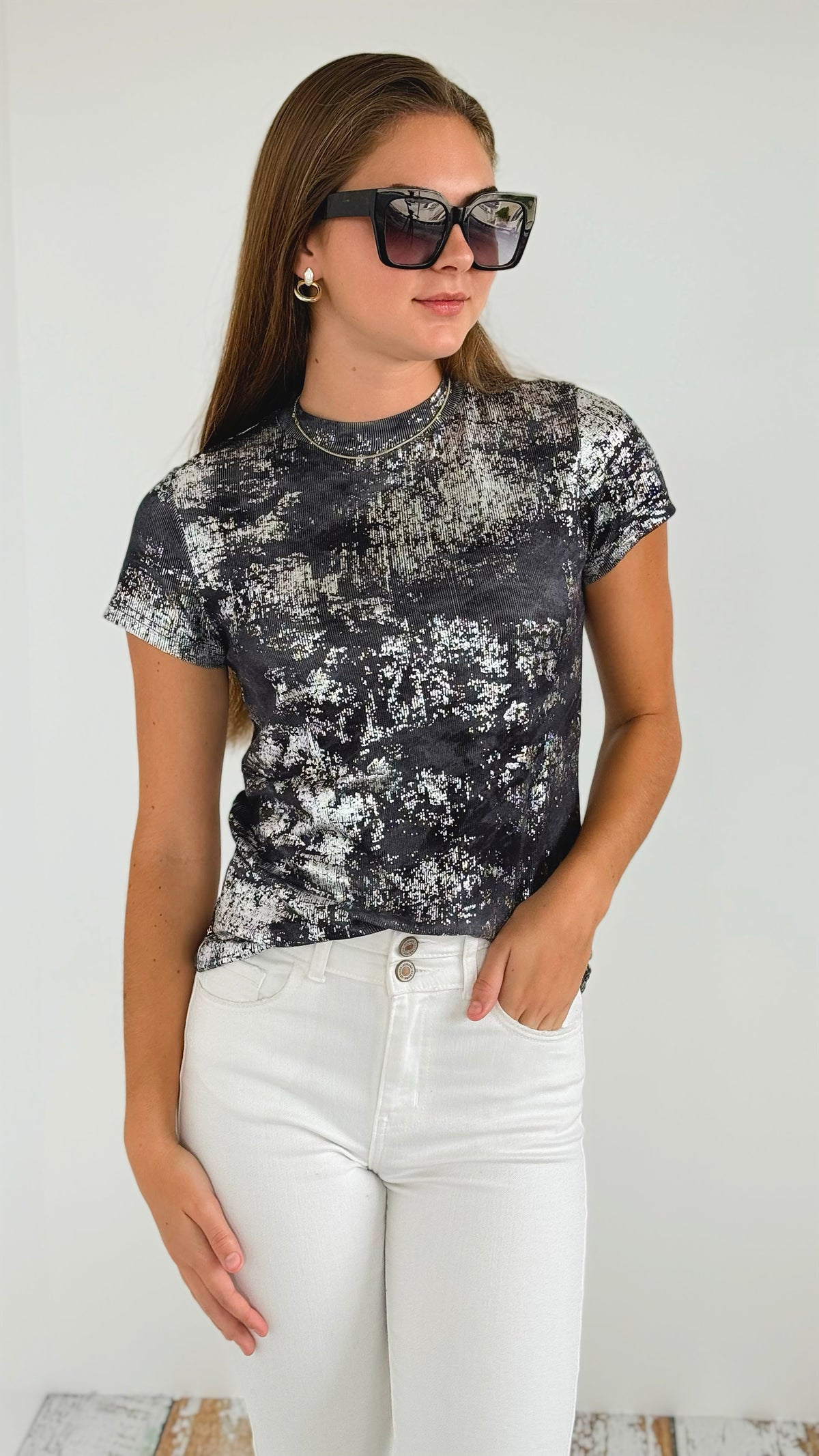 Metallic Printed Top-110 Short Sleeve Tops-Galita-Coastal Bloom Boutique, find the trendiest versions of the popular styles and looks Located in Indialantic, FL