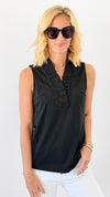 Ruffled V-Neck Sleeveless Top - Black-100 Sleeveless Tops-ARYEH-Coastal Bloom Boutique, find the trendiest versions of the popular styles and looks Located in Indialantic, FL