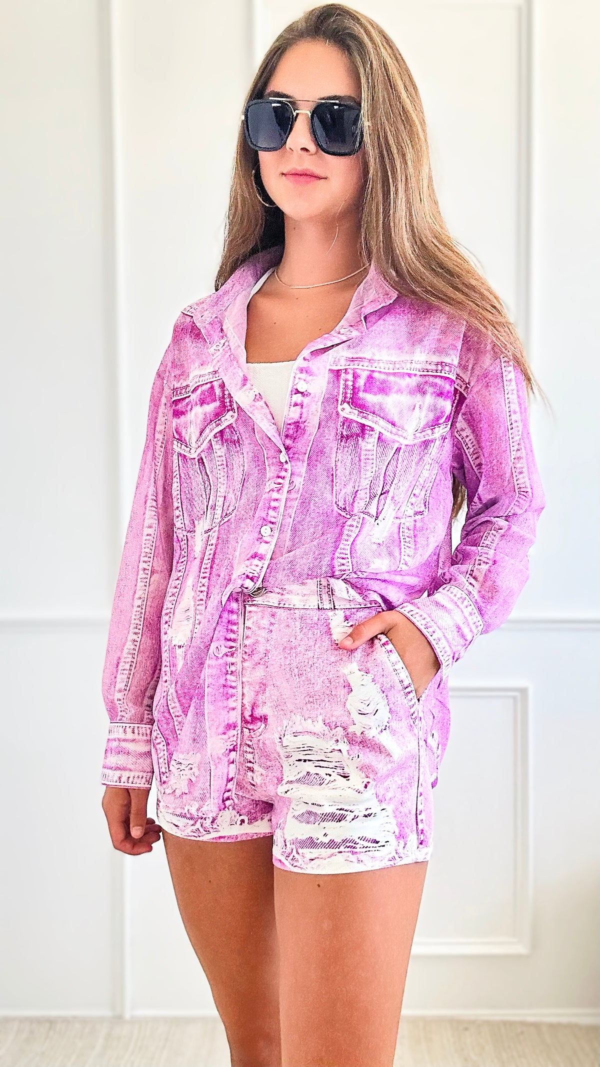 Denim Print Blouse & Short Set - Pink-210 Loungewear/Sets-Her Bottari-Coastal Bloom Boutique, find the trendiest versions of the popular styles and looks Located in Indialantic, FL