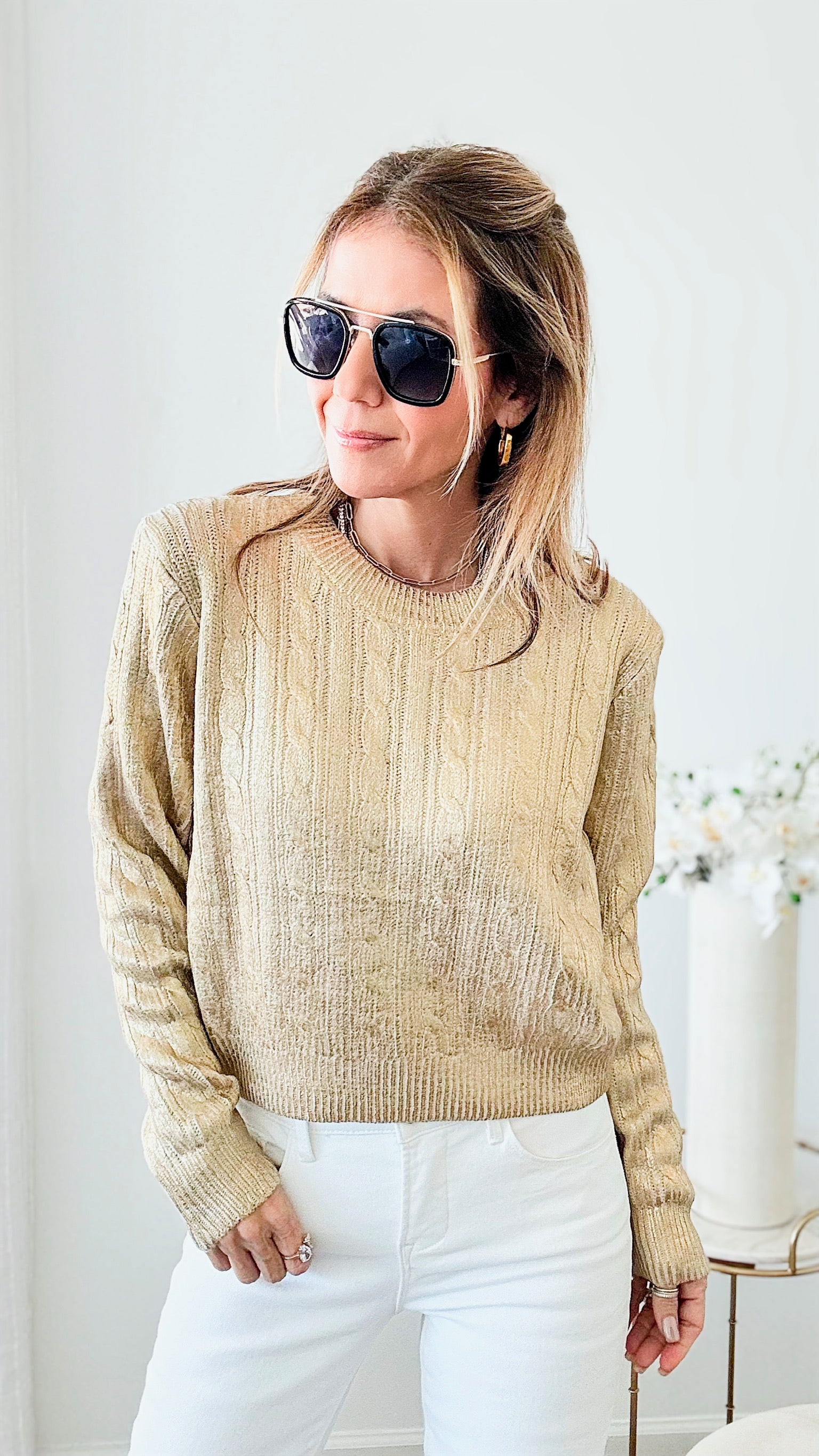 Cable Knit Italian Metallic Sweater- Gold-Germany-Coastal Bloom Boutique, find the trendiest versions of the popular styles and looks Located in Indialantic, FL
