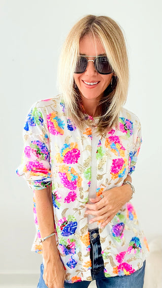 Sunny Splash Sequin Floral Button Up Blouse - White-130 Long Sleeve Tops-MAIN STRIP-Coastal Bloom Boutique, find the trendiest versions of the popular styles and looks Located in Indialantic, FL