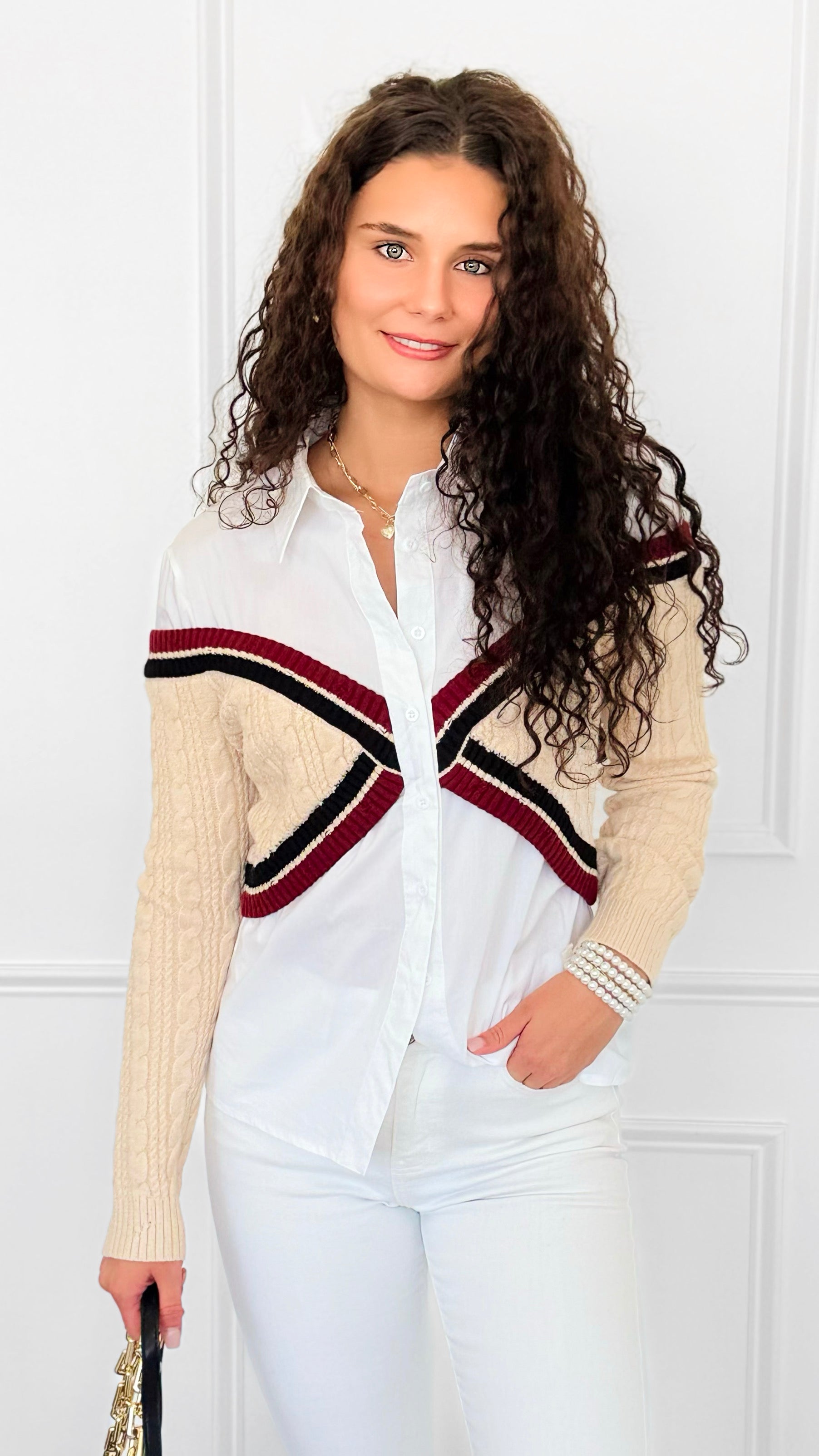 Varsity Remix Cable Knit Top-130 Long Sleeve Tops-LA' ROS-Coastal Bloom Boutique, find the trendiest versions of the popular styles and looks Located in Indialantic, FL