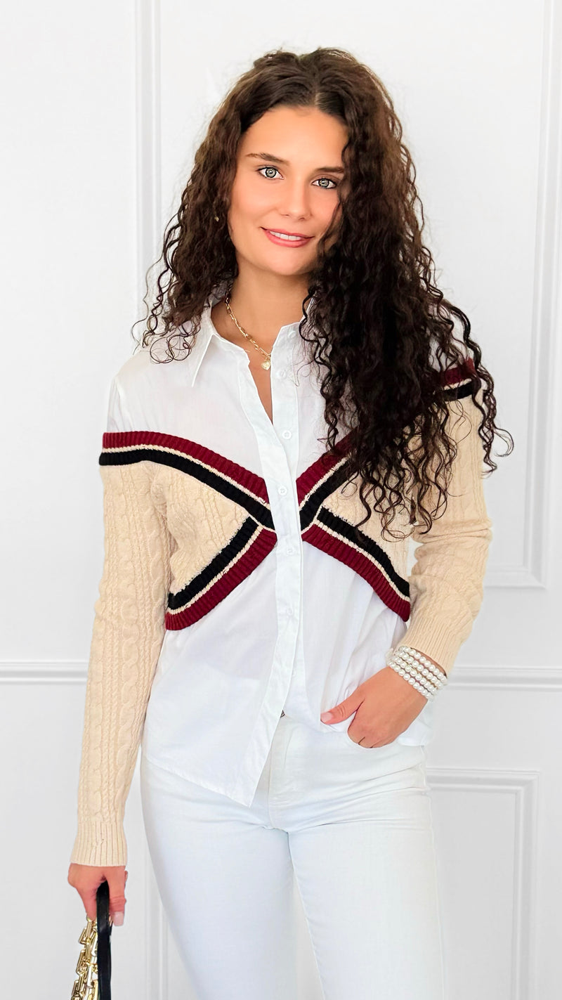 Varsity Remix Cable Knit Top-130 Long Sleeve Tops-LA' ROS-Coastal Bloom Boutique, find the trendiest versions of the popular styles and looks Located in Indialantic, FL