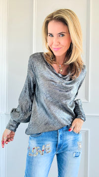 Metallic Cowl Neck Blouse - Black-100 Sleeveless Tops-mystree-Coastal Bloom Boutique, find the trendiest versions of the popular styles and looks Located in Indialantic, FL