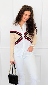 Varsity Remix Cable Knit Top-130 Long Sleeve Tops-LA' ROS-Coastal Bloom Boutique, find the trendiest versions of the popular styles and looks Located in Indialantic, FL