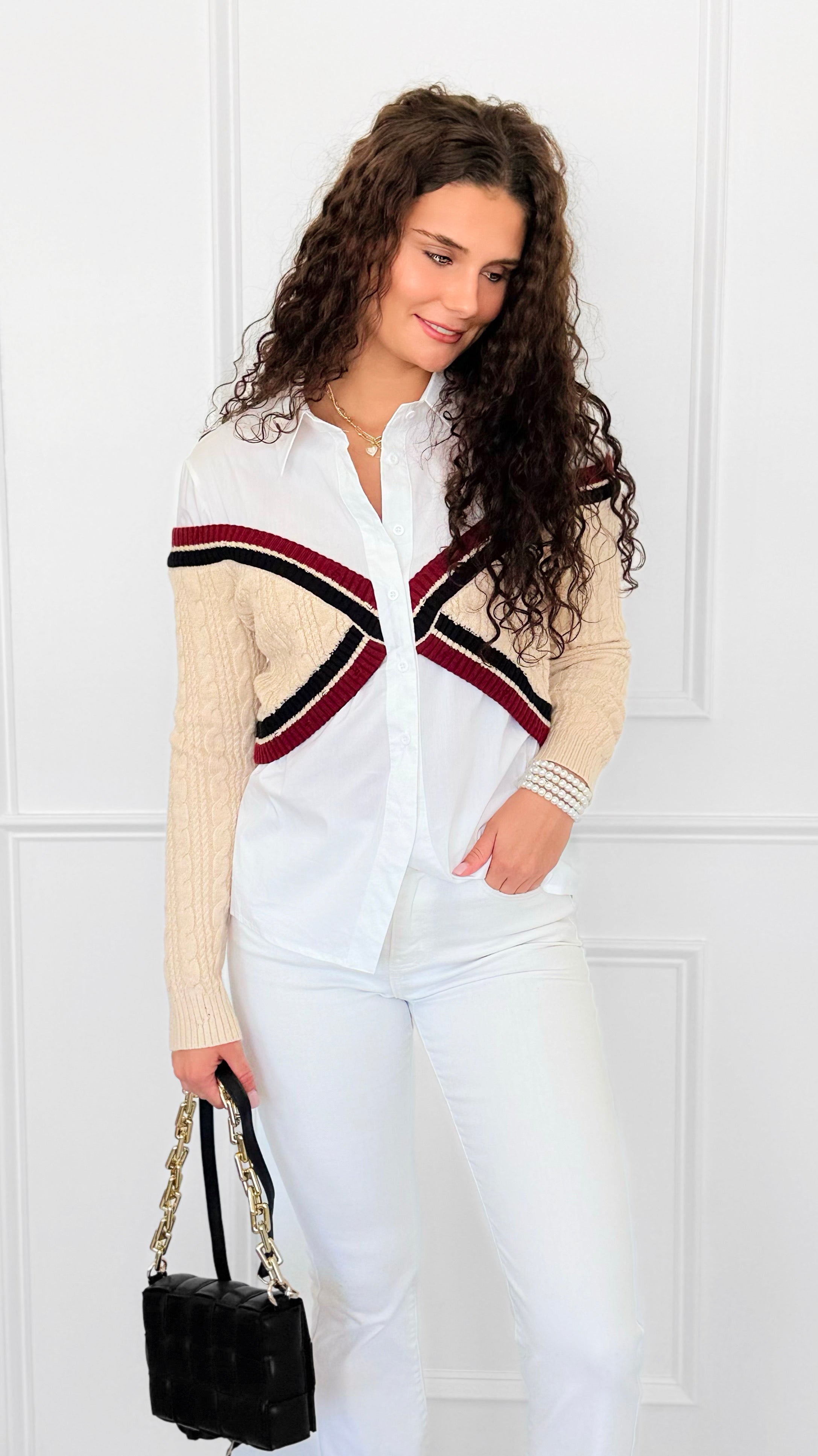 Varsity Remix Cable Knit Top-130 Long Sleeve Tops-LA' ROS-Coastal Bloom Boutique, find the trendiest versions of the popular styles and looks Located in Indialantic, FL