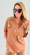 Rhinestone Embroidered Blouse - Camel-130 Long Sleeve Tops-PASTEL DESIGN-Coastal Bloom Boutique, find the trendiest versions of the popular styles and looks Located in Indialantic, FL