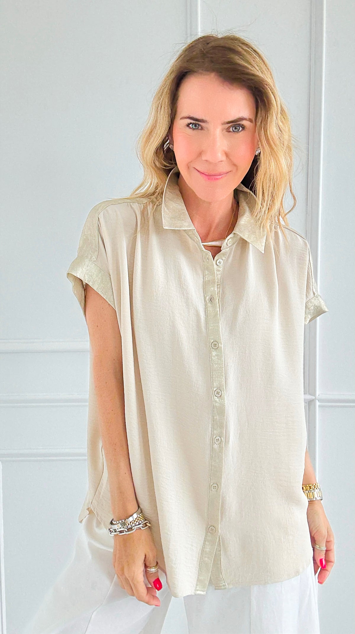 Laguna Shimmer Top - Oatmeal-110 Short Sleeve Tops-Jodifl-Coastal Bloom Boutique, find the trendiest versions of the popular styles and looks Located in Indialantic, FL