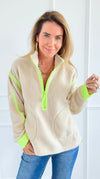 Glow Getter Sherpa Zip Sweatshirt - Oatmeal/Neon Green