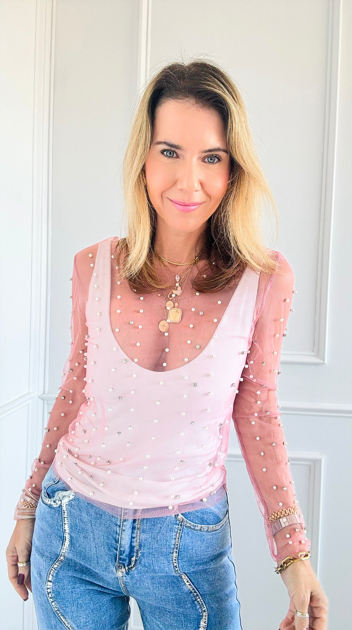 Dazzle Pearl Mesh Long Sleeve-130 Long Sleeve Tops-OOPS!-Coastal Bloom Boutique, find the trendiest versions of the popular styles and looks Located in Indialantic, FL