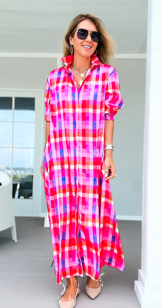 Sweet Check Italian Button Long Dress