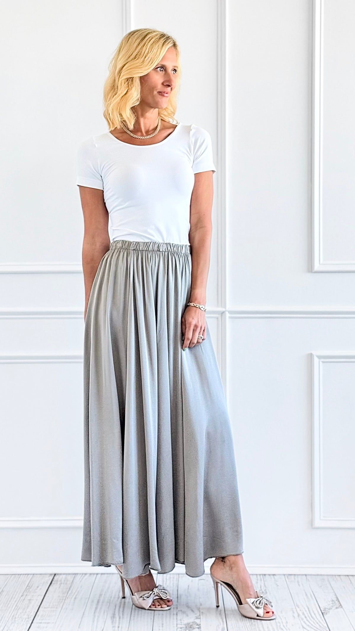 Serene Flow Italian Midi Skirt- Charcoal-170 Bottoms-Italianissimo-Coastal Bloom Boutique, find the trendiest versions of the popular styles and looks Located in Indialantic, FL