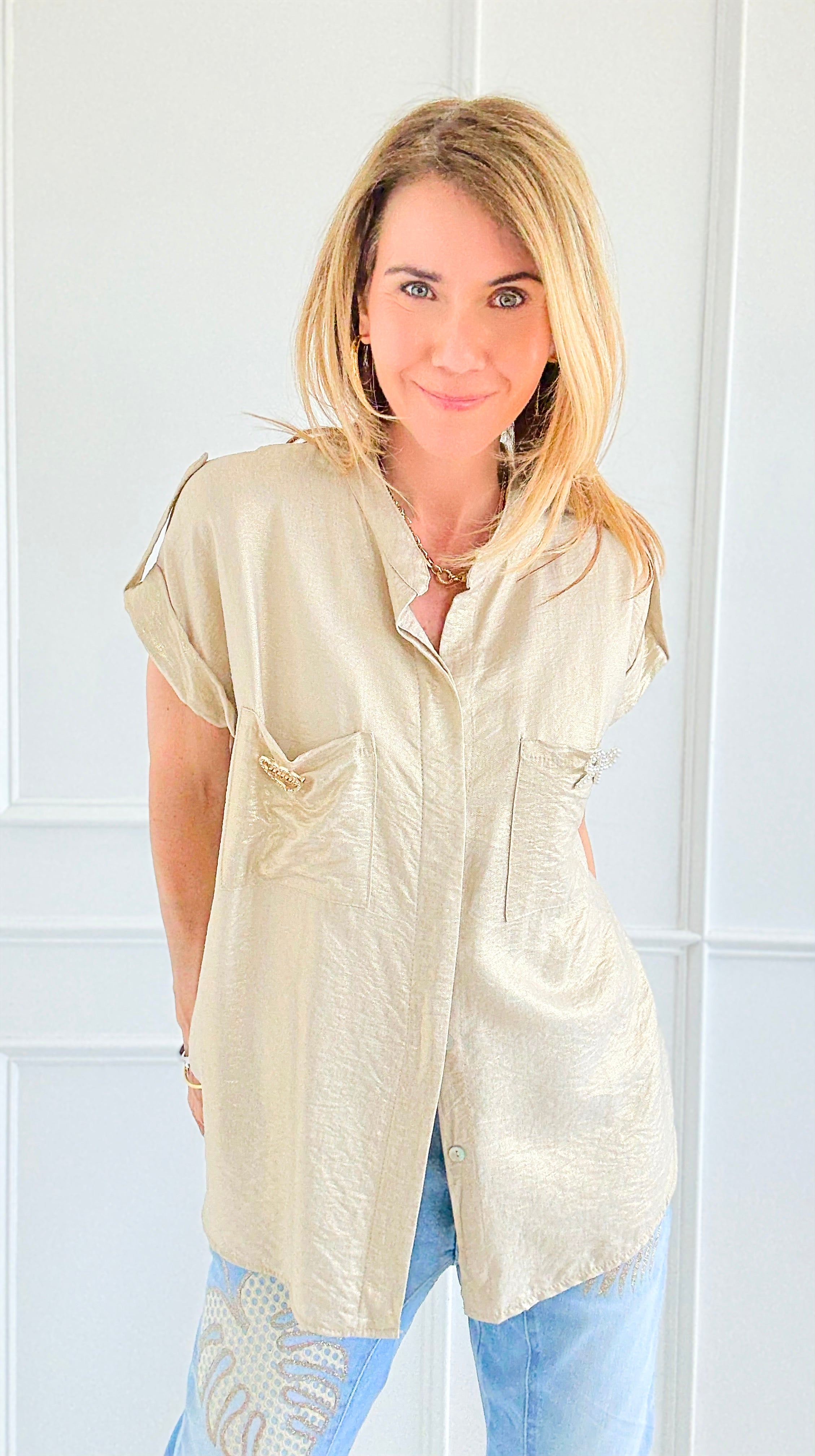 Golden Charm Italian Button Top-170 Bottoms-SEÑORITA C-Coastal Bloom Boutique, find the trendiest versions of the popular styles and looks Located in Indialantic, FL