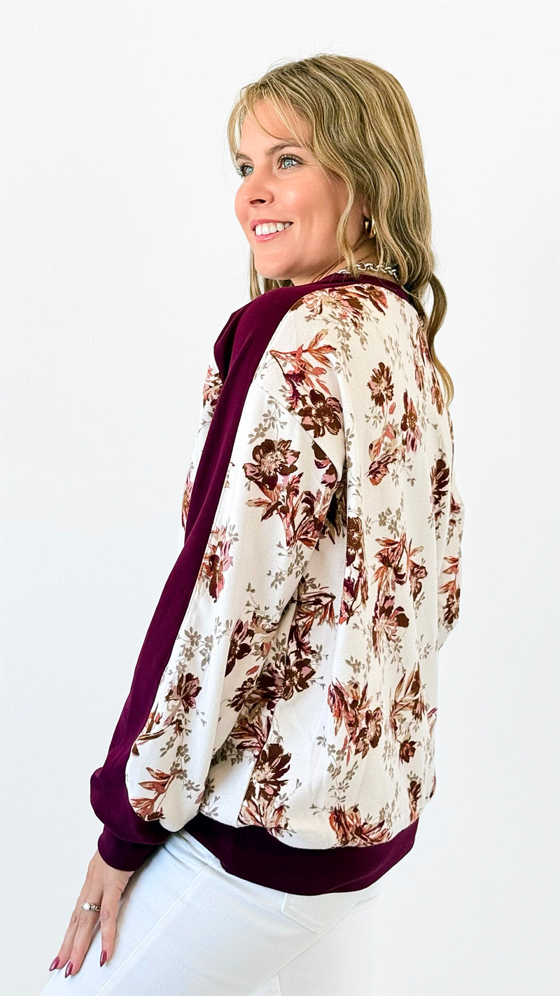 Contrast Sleeve Floral Printed Brushed Sweatshirt-130 Long Sleeve Tops-DOE AND RAE-Coastal Bloom Boutique, find the trendiest versions of the popular styles and looks Located in Indialantic, FL